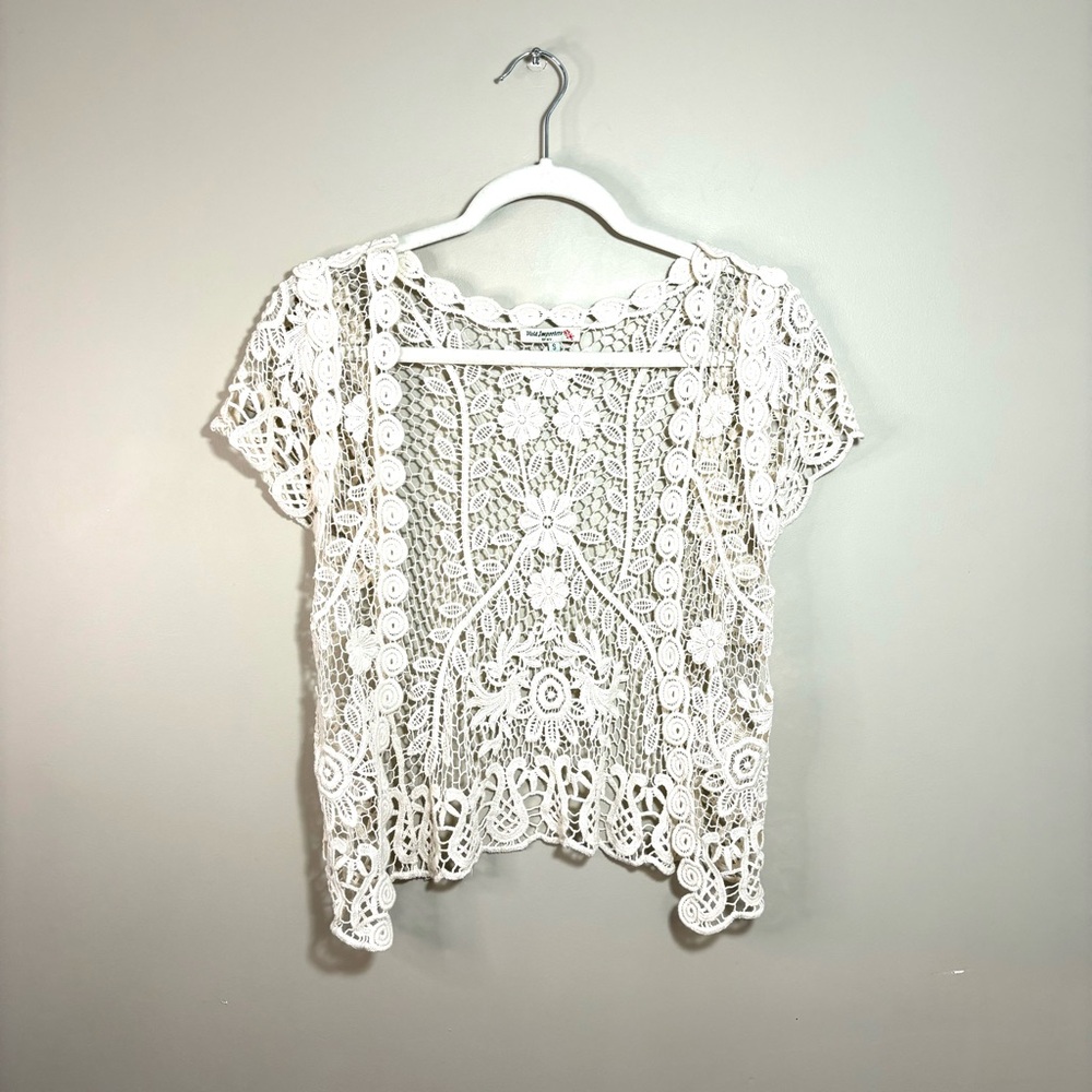 Cream Boho Crochet Floral Vest Open Front Cap Sleeve Festival Cottagecore NWOT S